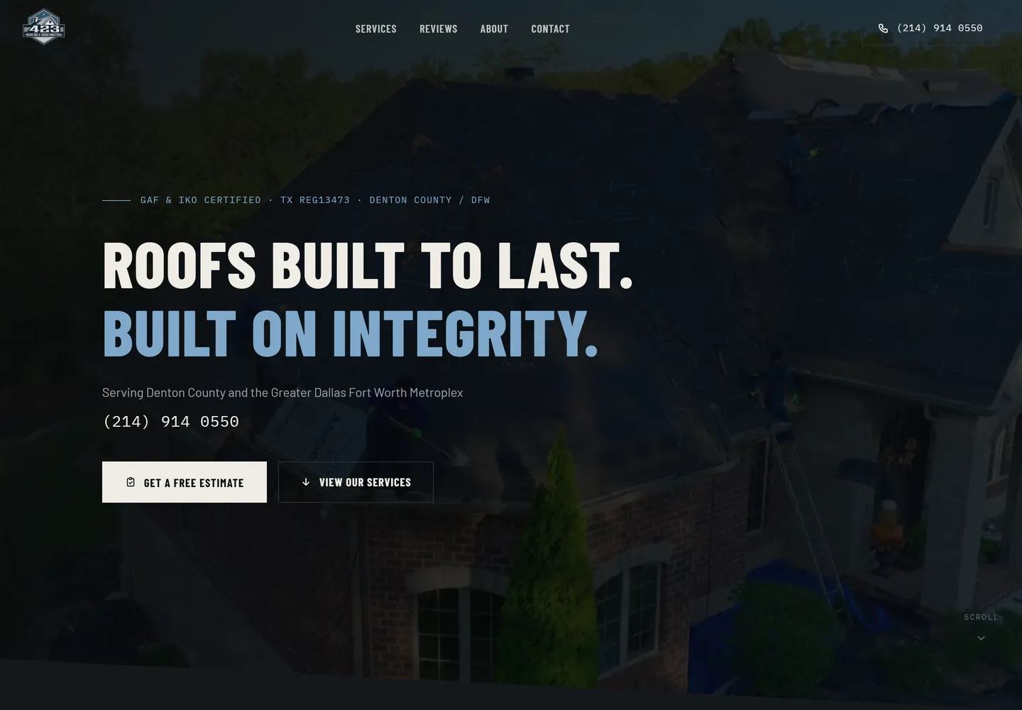 423 Roofing & Construction website, desktop