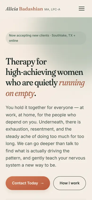 Alicia Badashian Counseling website, mobile