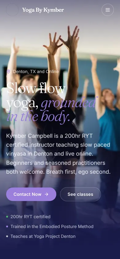 Yoga By Kymber website, mobile
